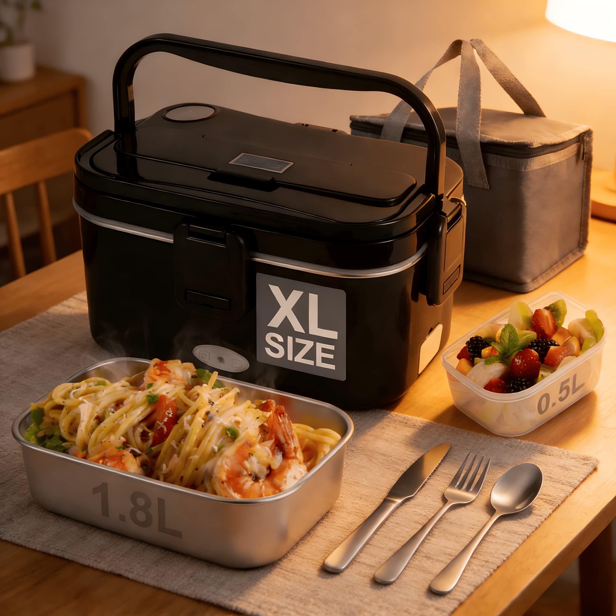 TEMU 1.8l Adult Heating Lunch Box - Portable Food Heater For Quick Heating, With Complete Additions, For Cars, Trucks, Offices, Home, Work, And Schools, Compatible With 12/24/110v, With And Carry Bag.