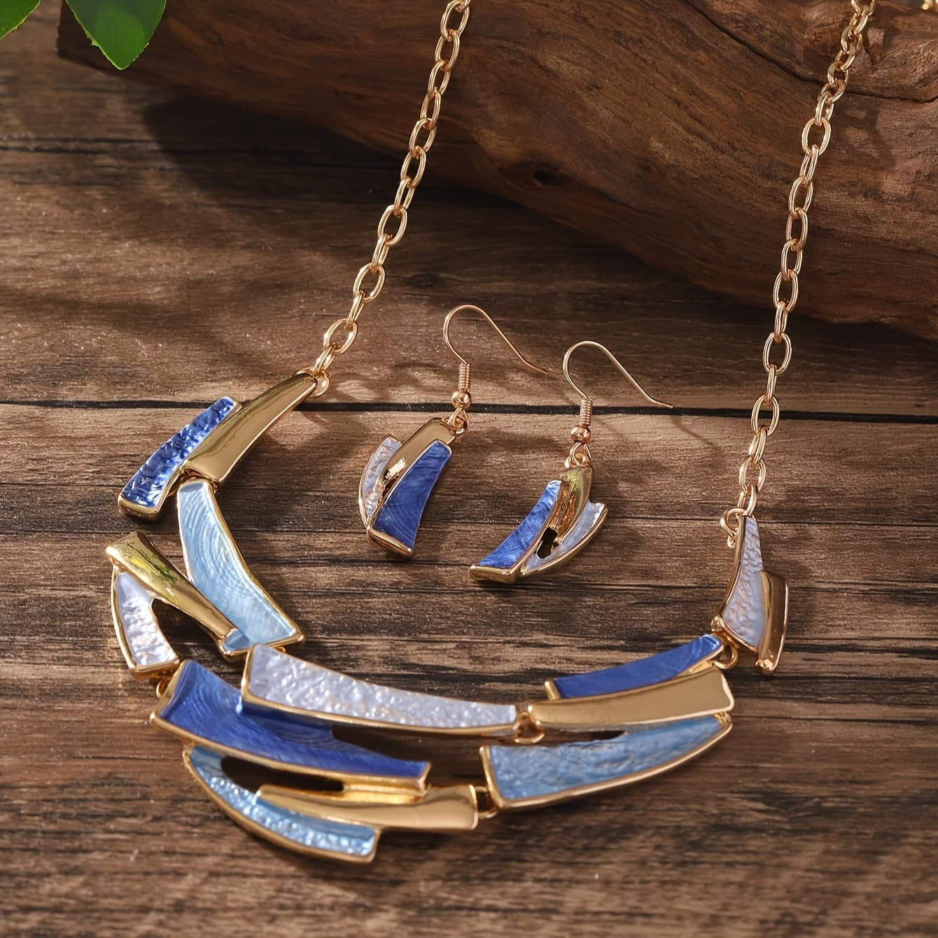 TEMU Women's Jewelry Set - Elegant Geometric Link Necklace & Earrings, Kc Golden Plated, Vintage Bohemian Style, Perfect For Daily Wear Or Parties, Accessory