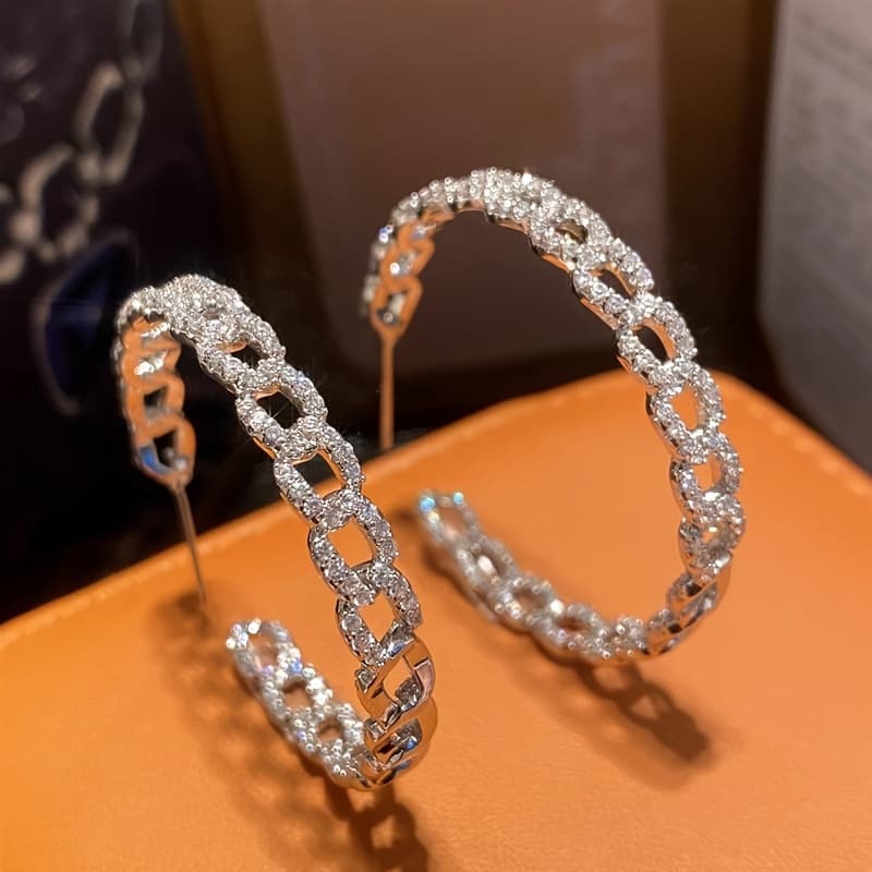 TEMU A Pair Of Ladies' Fashionable Circular Earrings With A Trendy Luxurious Chain Design Ear Studs Suitable For Ladies To Wear At Parties And Banquets, Featuring Zirconia Jewelry.