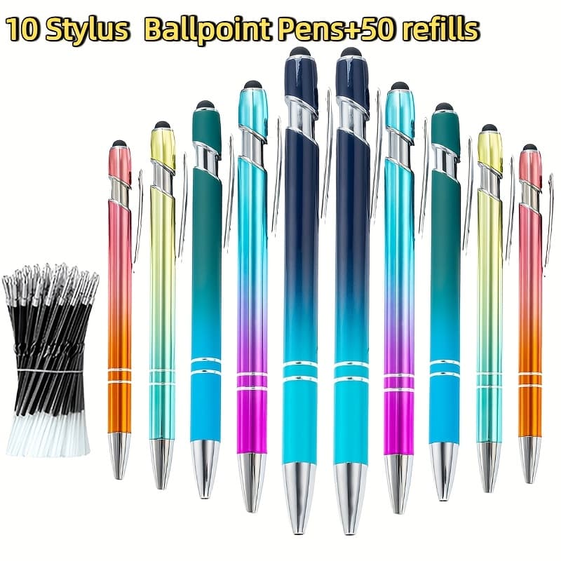 TEMU 10 Set Multicolor Stylus Beadable Pen 50 Pen Refills 10 Ballpoint Pens Retractable Plastic Bling Pens Cool Shaft Beaded Pen Black Ink For Christmas Gifts