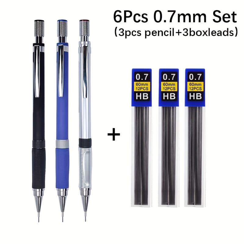 TEMU 6pcs/set 0.5 0.7 2.0mm Classic Plastic Retractable Pencils Blue Silvery Black Pen Bodies Very Suitable For Writing And Drawing Needs (3pcs Pencils With 3boxes Pencil Leads)