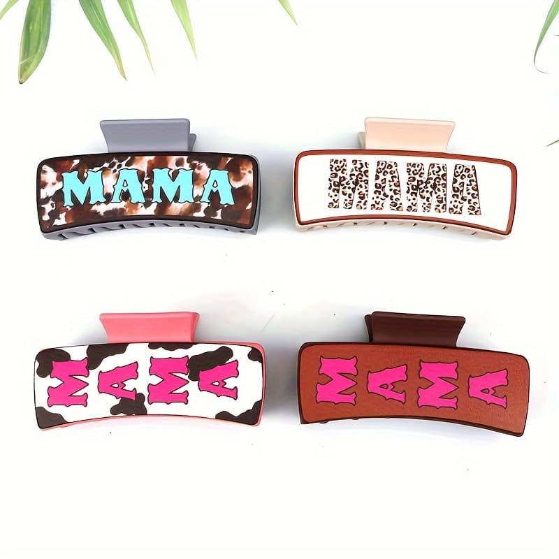 TEMU 4pcs Vintage "mama" Letter Print Pu Leather Hair Claw Clips - Stylish Rectangular Design With Leopard, Cowhide & Marbled Patterns, Day Gift Or Everyday Use