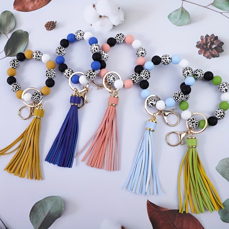 TEMU 5-6pcs Vibrant Leopard Print And Polka Dot Beaded Keychain Wristband Fringe Charm Fashion Bag Accessories And Car Key Pendant, Ideal Gift For Women