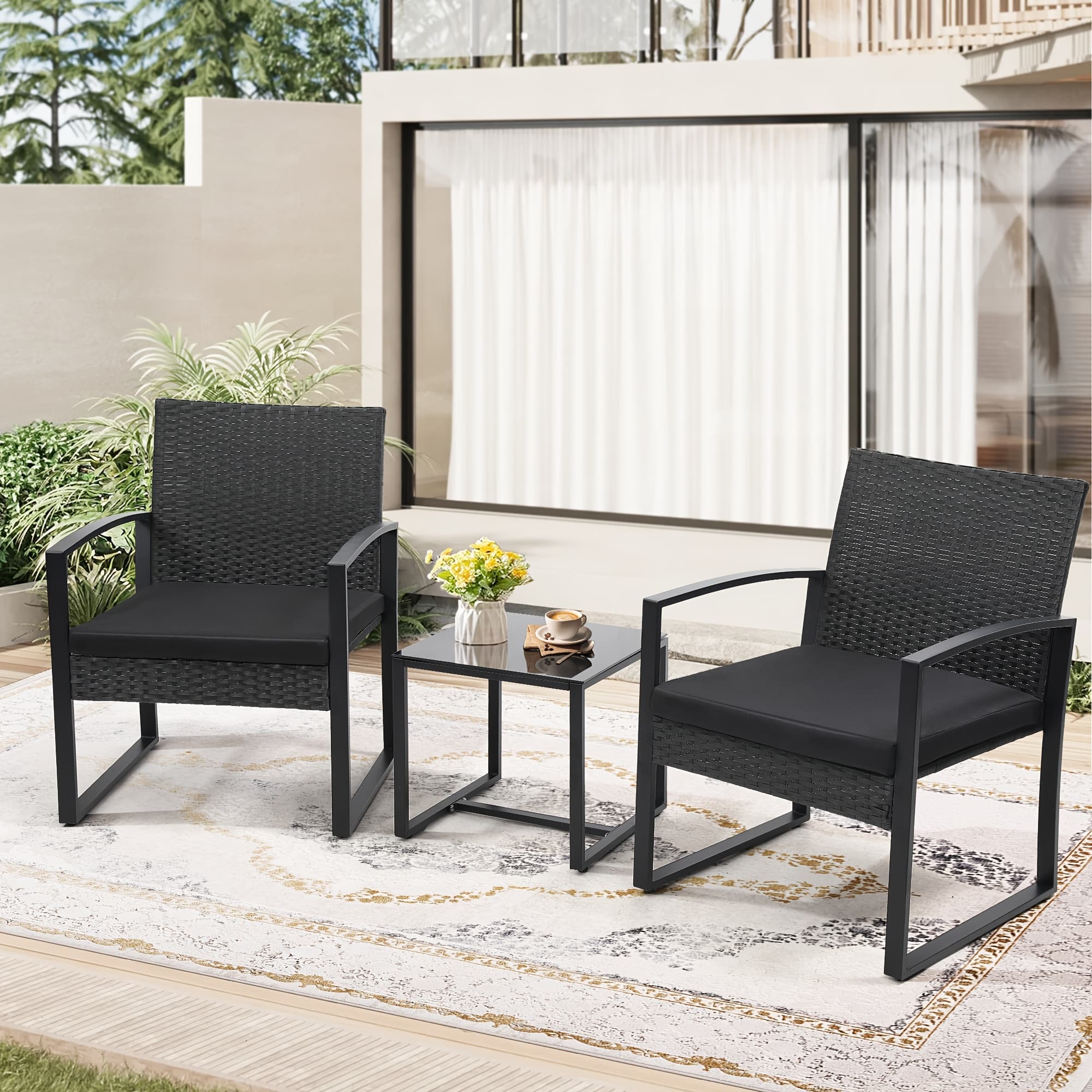 TEMU 3pcs Outdoor Seating Arrangement Made Of Wicker Rattan, Featuring 2 Waterproof Chairs With Plush Cushions And Table Topped With Safety Glass, On