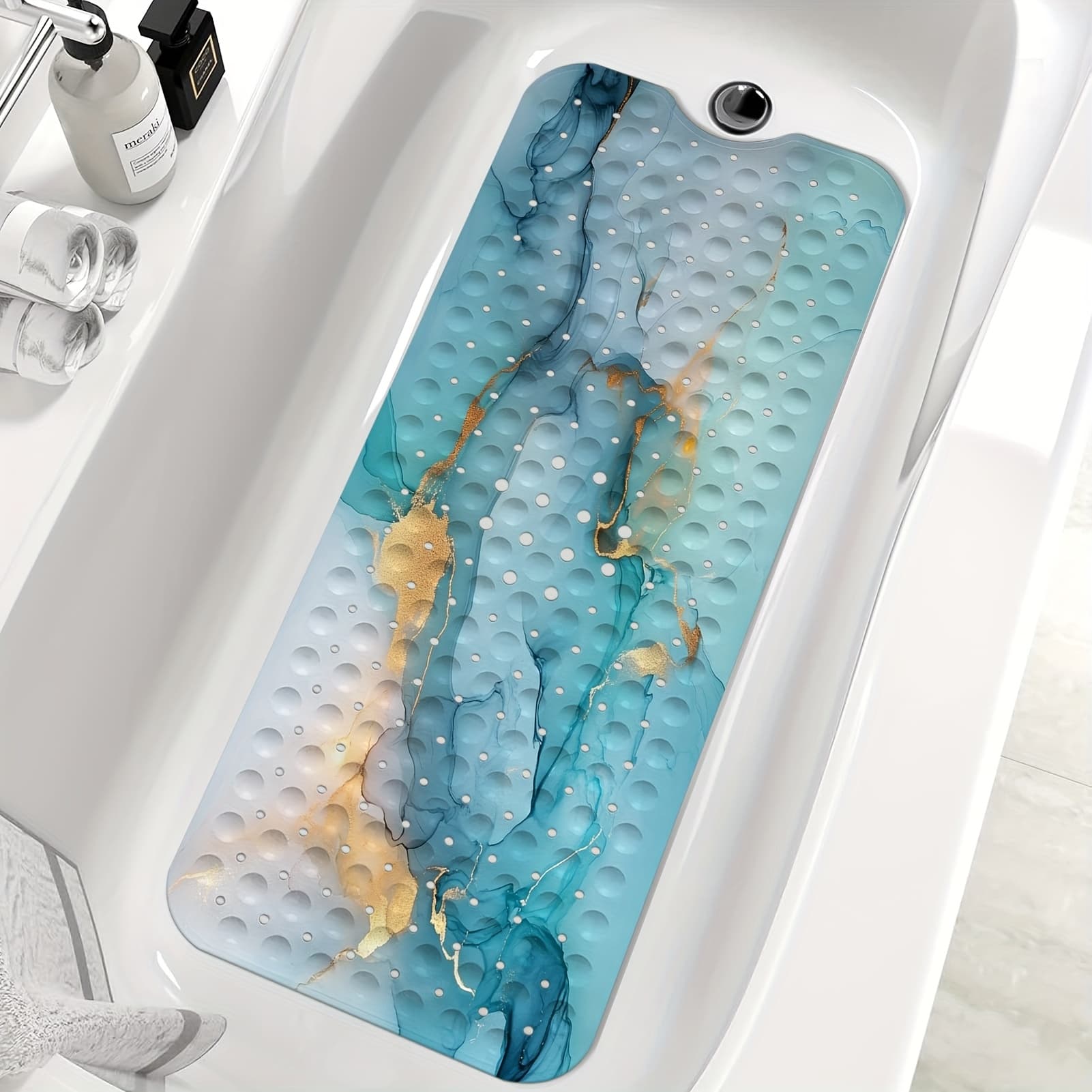 TEMU Non-slip Marble Bath Mat And Blue, Designed For Showers, Featuring Large Washable Dimensions With Drain Holes And Suction Cups, Measuring 40 By 16 Inches