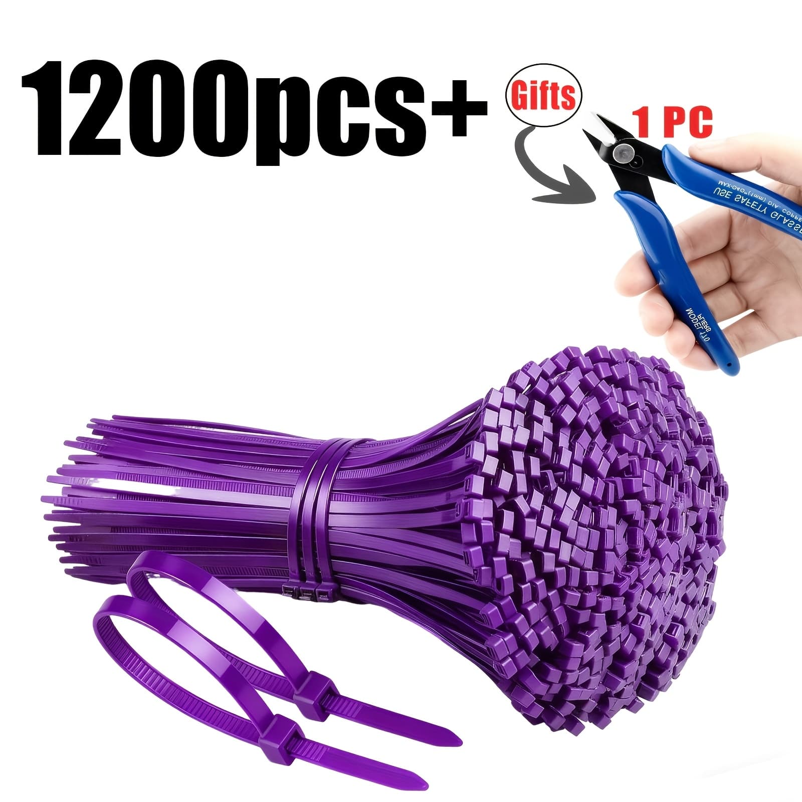 TEMU 1200pcs Heavy Duty Nylon Zip Ties + Free Pliers Set, Self-locking Reusable Cable Ties For Industrial Home Diy Wire Manasynthetic Gemstoneent, 8/6/4 Inch Assorted Sizes, Extra