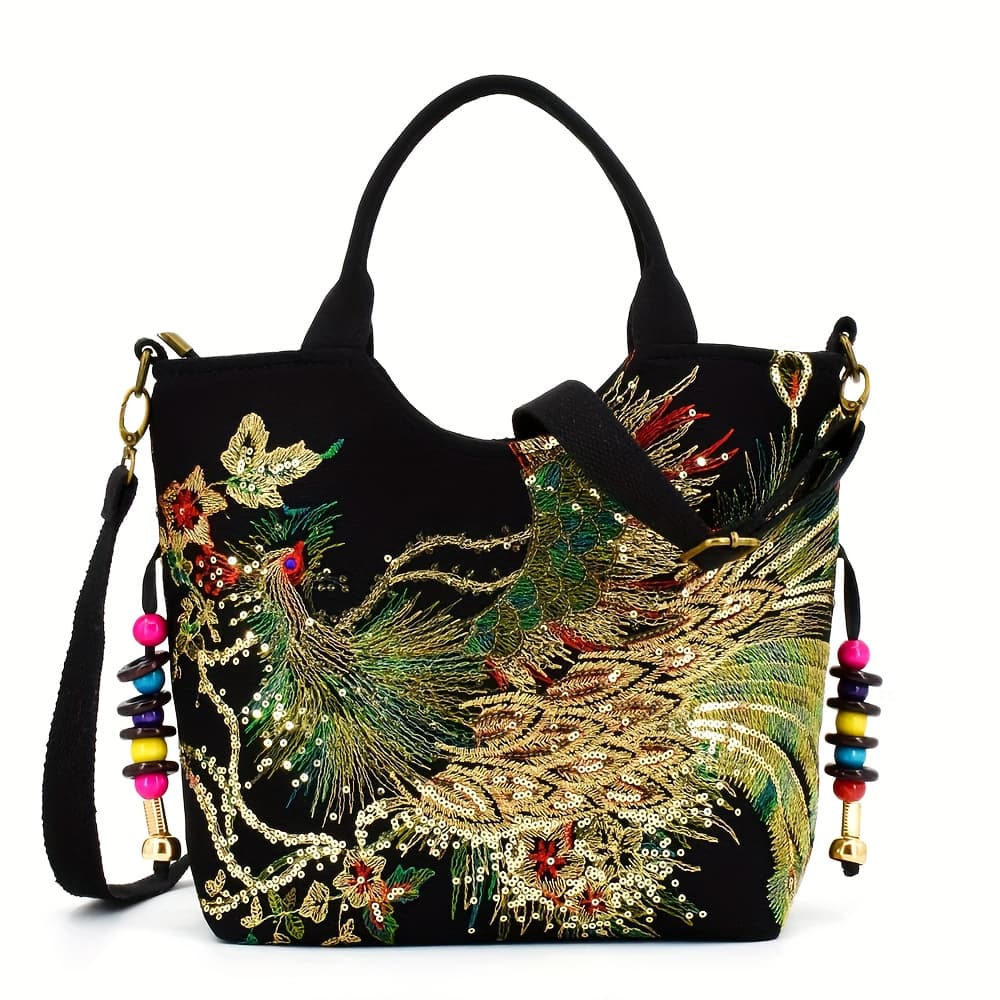 TEMU Women's Tote And Crossbody Bag Featuring Ethnic-style Embroidery Of A Phoenix, With Colorful Beaded Bells