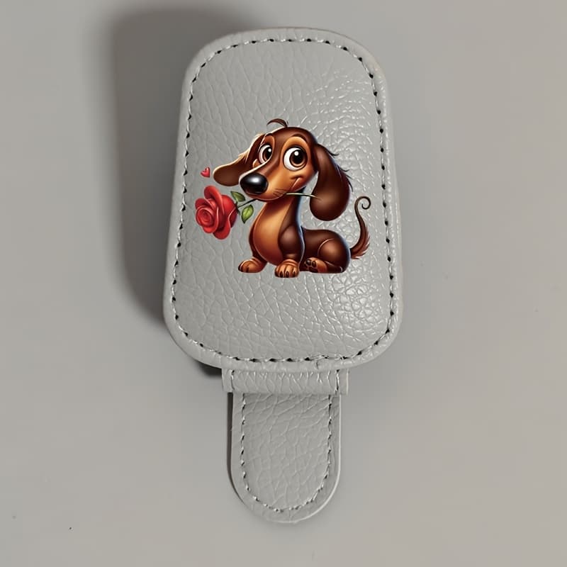 TEMU Pu Car Visor Clip With Rose Dachshund Holder - Multi-functional Eyeglass & Ticket Holder Suitable For Driving, One-handed Operation, Card/receipt, Compact For Sun Visor Shelf, For Glasses Storage