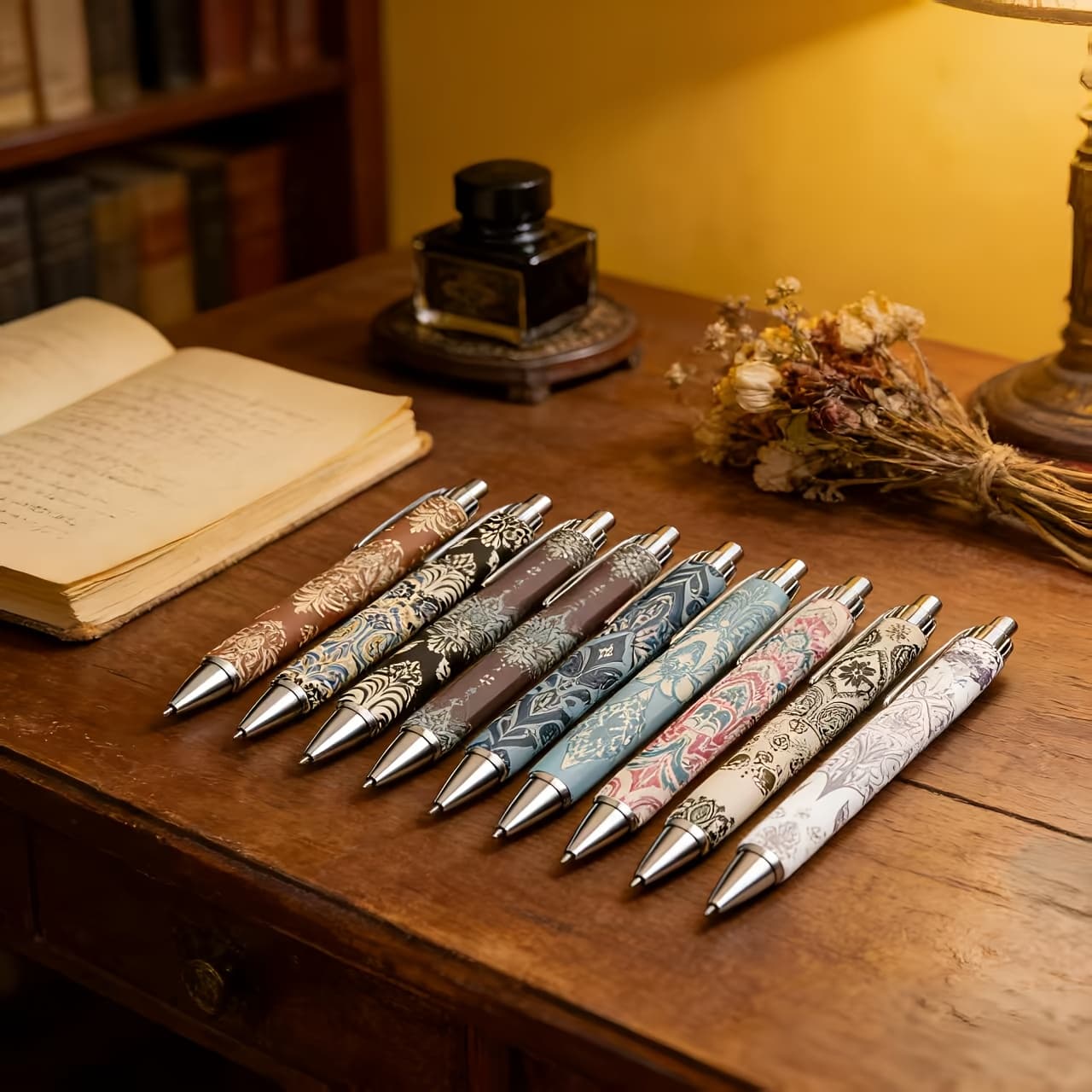 TEMU 11pcs Vintage Floral Pens, 0.5mm Black Fine Point, Fashion Aesthetic Design, Smooth Writing Pens For Office, School, Journaling And Note Taking, Non-bleed Ink