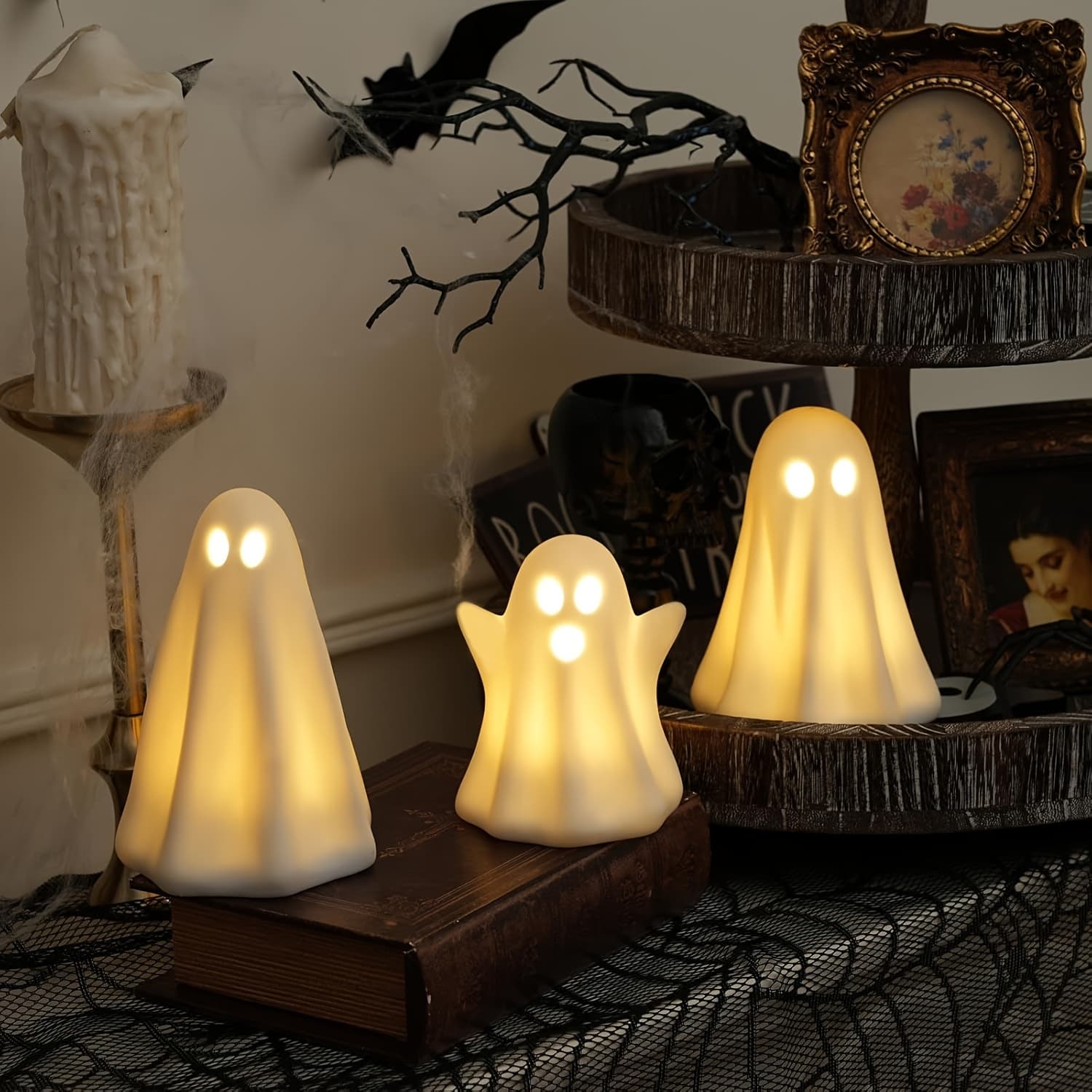 TEMU With Halloween Decorations, Featuring A Set Of 3 Ceramic Figurines. White Statues Make For Spooky Decor, Perfect For , Tiered Tray, Or Fireplace
