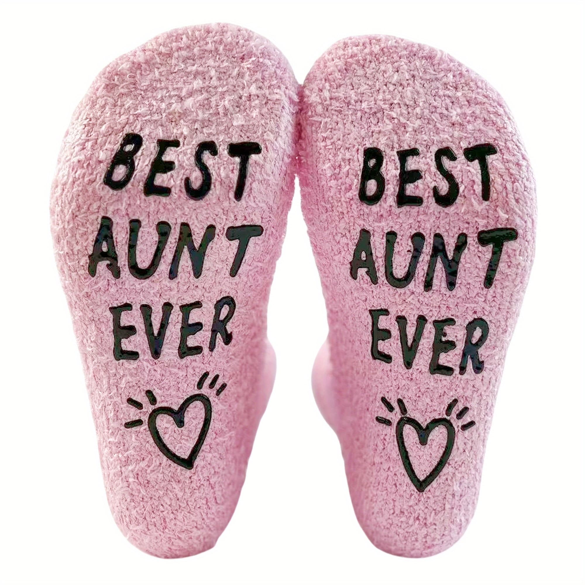 TEMU Best Aunt" Edition Coral Floor Socks - Pink And Cute + Fun Slogan On The Sole, Coral Is Skin-friendly And Warm, Dotted Glue Anti-slip For Extra Safety, At Home, A Thoughtful Gift For Your Aunt
