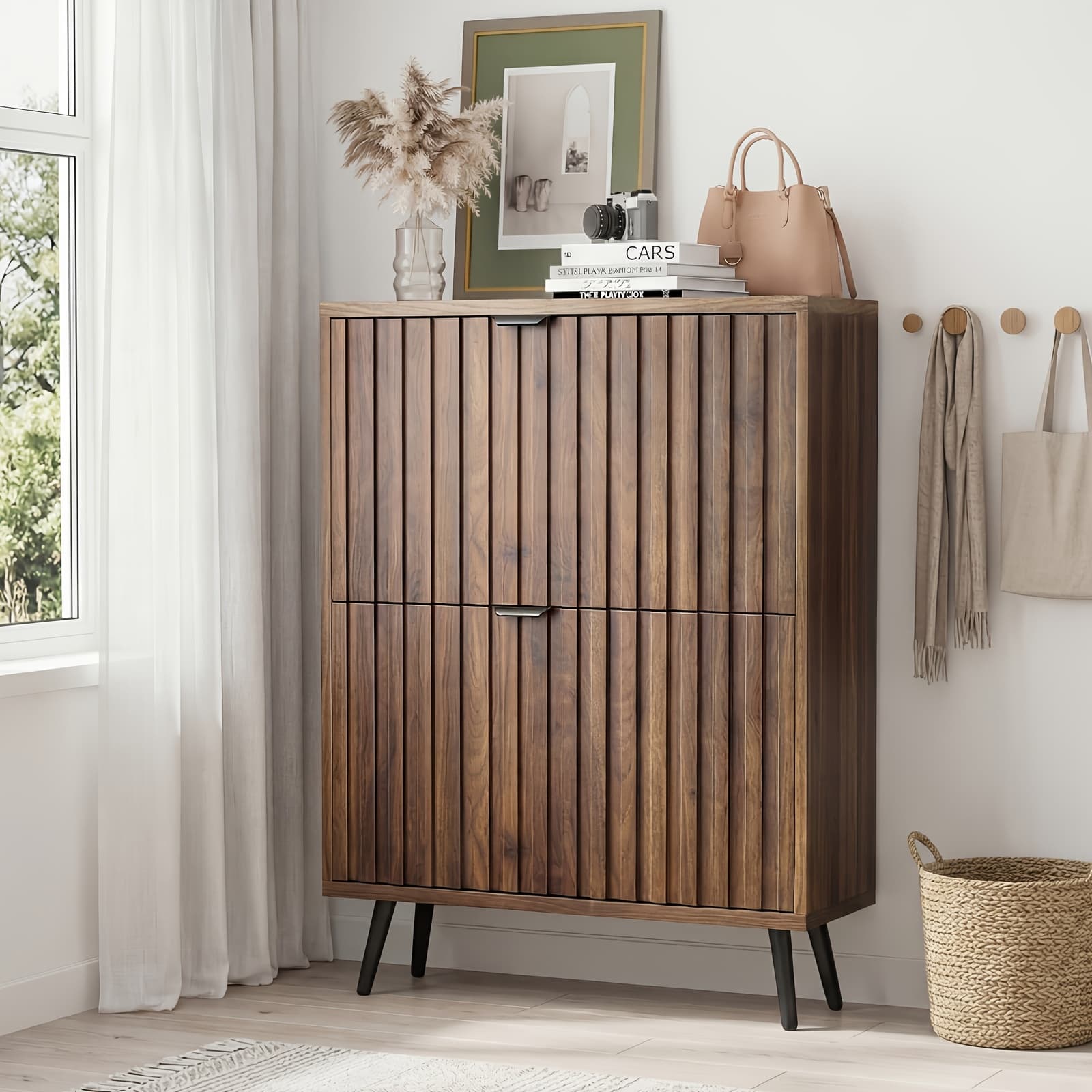 TEMU Entrance Shoe Cabinet Storage, Modern Slim Shoe Cabinet, With 2 Drawers And Grooved Panel, Narrow Shoe Rack For Living Room