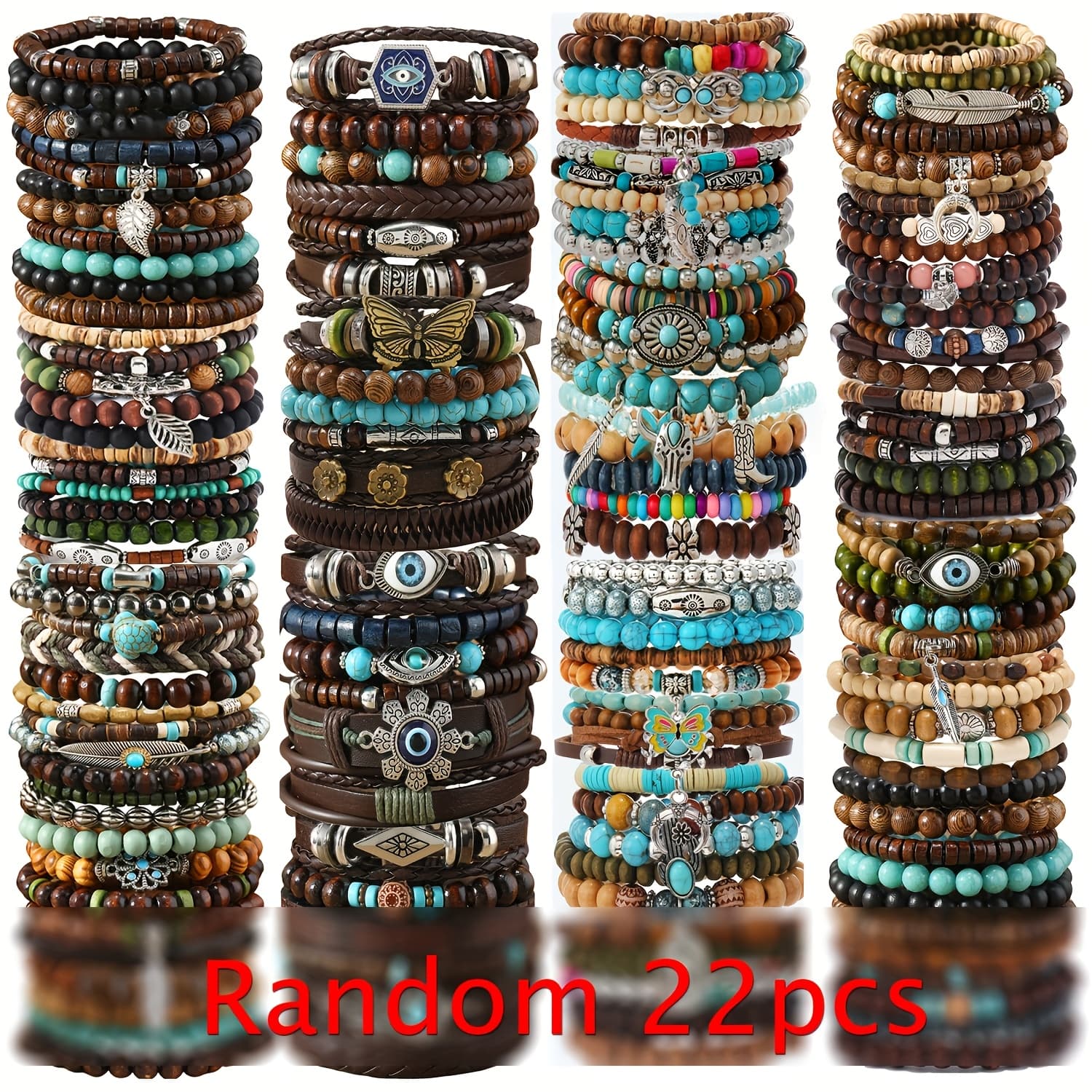 TEMU 22/36/42/87pcs Mixed Vintage Handmade Wood Beads Coconut Shell Turquoise Stone Women's Bracelet Set | Adjustable Size, Boho Style, Suitable For Daily And Gift- Occasions