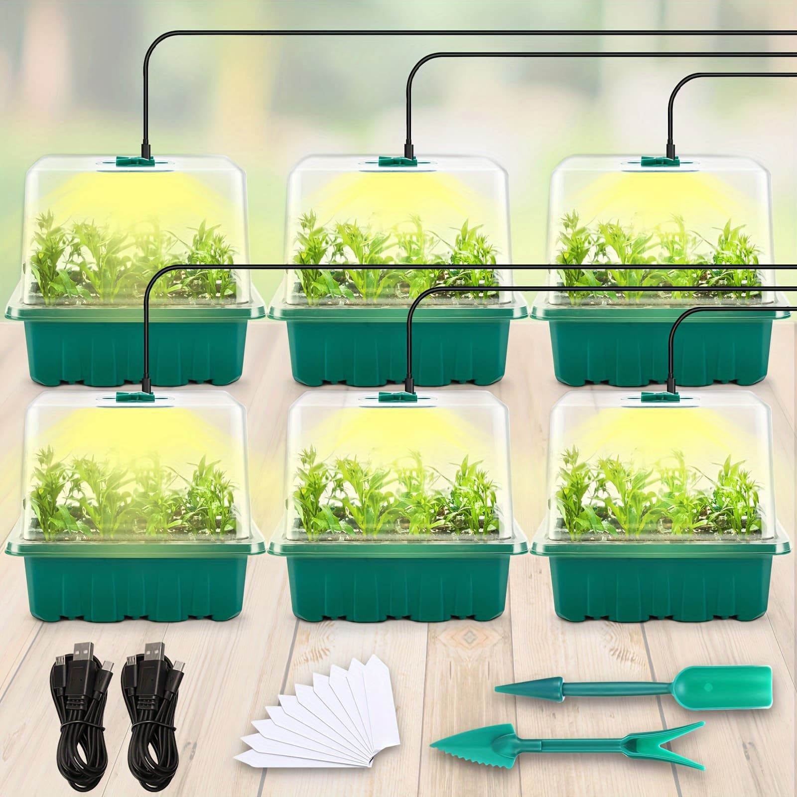 TEMU Seed Starter Tray, 6pcs Seed Starter Kit With Grow Light, Seedling Trays With Humidity Domes, Covers Height 3.9", Indoor Gardening Plant Germination Trays
