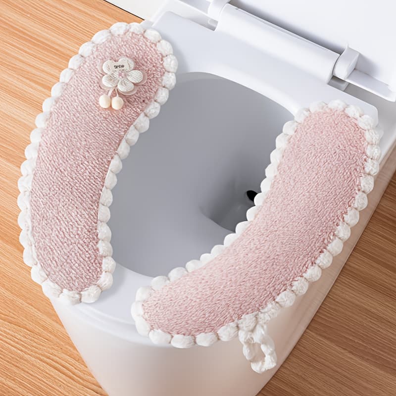 TEMU 2 Pack Coral Fleece Toilet Seat Cushions, Single , Fixed Installation, White Trim, Portable Handle, Hand Washable, Universal Fit