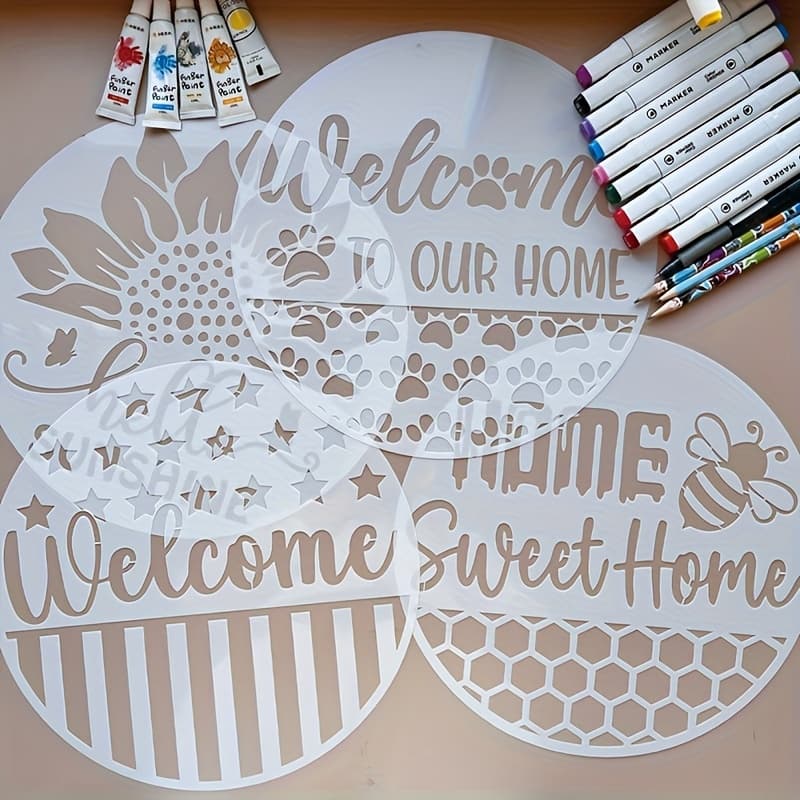 TEMU A Set Of 4 Large Round Stencils For , Ideal For Wood Painting, Showcasing Greetings With Sunflowers, Patriotic Flowers, And Bees, Perfect For Decorating Furniture, Canvases, Walls, And