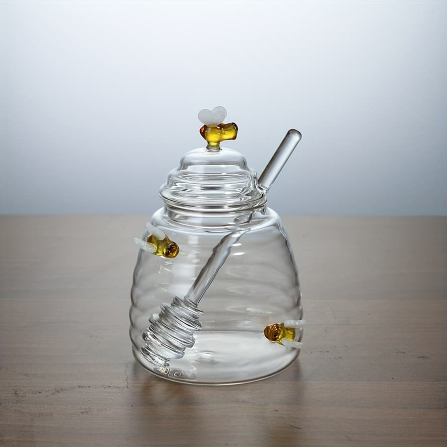 TEMU 1pc Glass Honey Jar With & Lid | Transparent High Borosilicate Honey Container | Bee Decorations | Airtight Storage For Honey, Syrup &