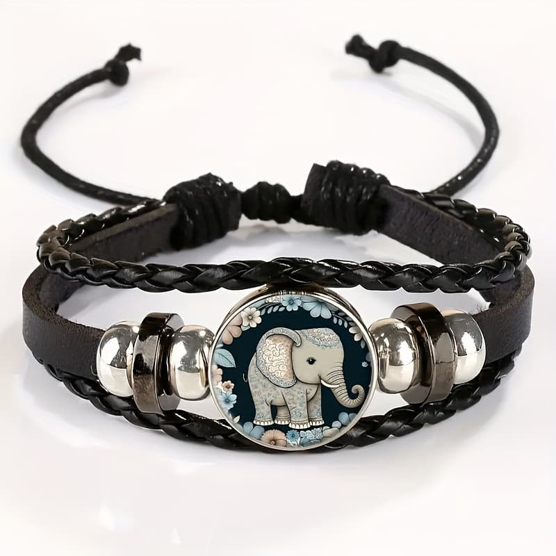 TEMU Adjustable Vintage Bracelet With Decorative Elephant Pendant Surrounded By Flowers - Stylish Black Leather Wristband, Daily Wear Or Gifting, For Teenager
