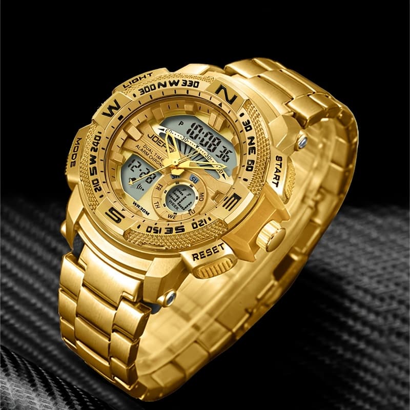 TEMU Joefox Men's Luxury Dual Watch - Large Face, Led Night Light, 3atm Waterproof, Chronograph & Alarm, Field Style Wristwatch For Men