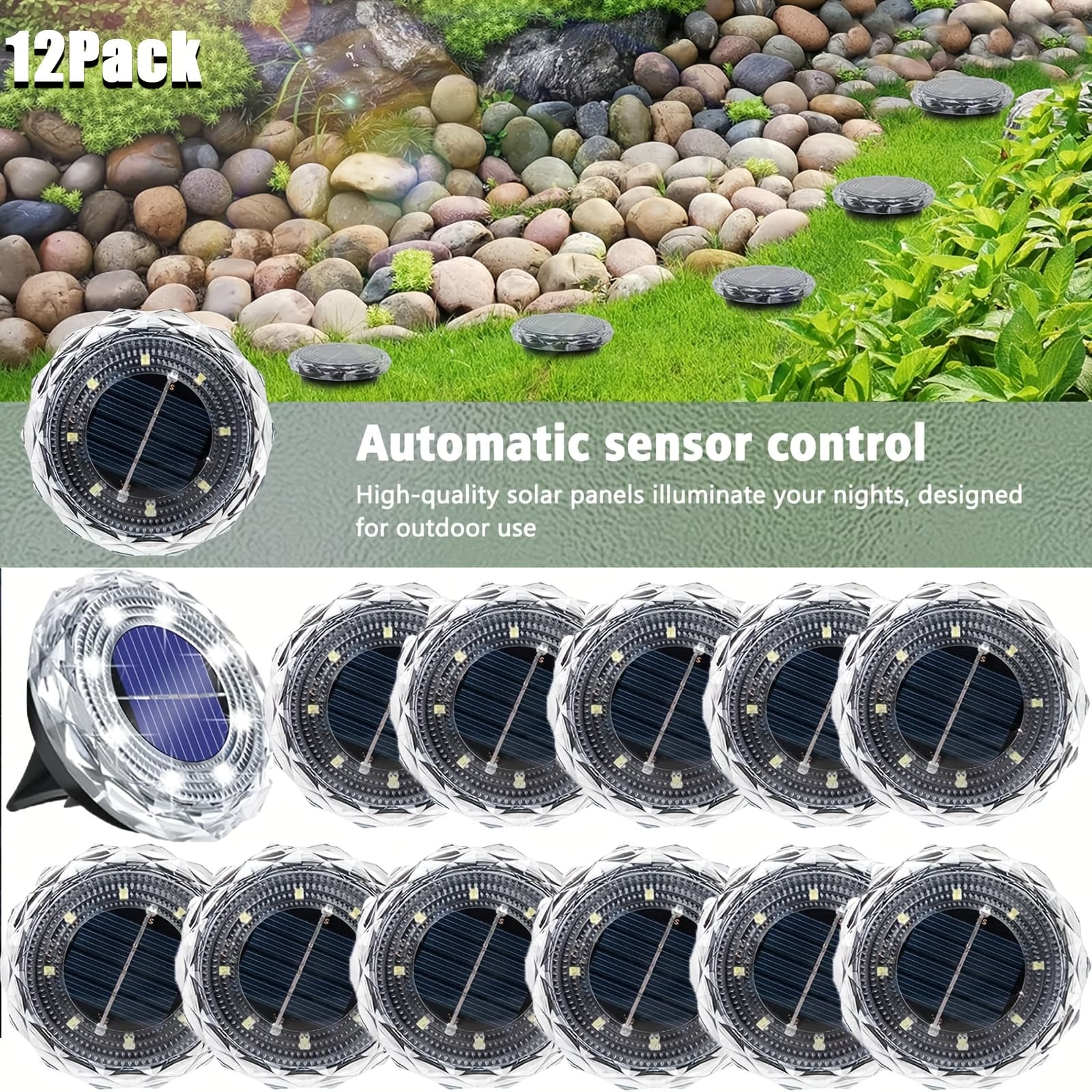TEMU Set Of 12, Solar-powered Lights Designed For Brick And Stone Installation, Portable Ground Lights With Led/white , Suitable For Gardens, Landscapes, Railings, Courtyards, Stairs, And Yards