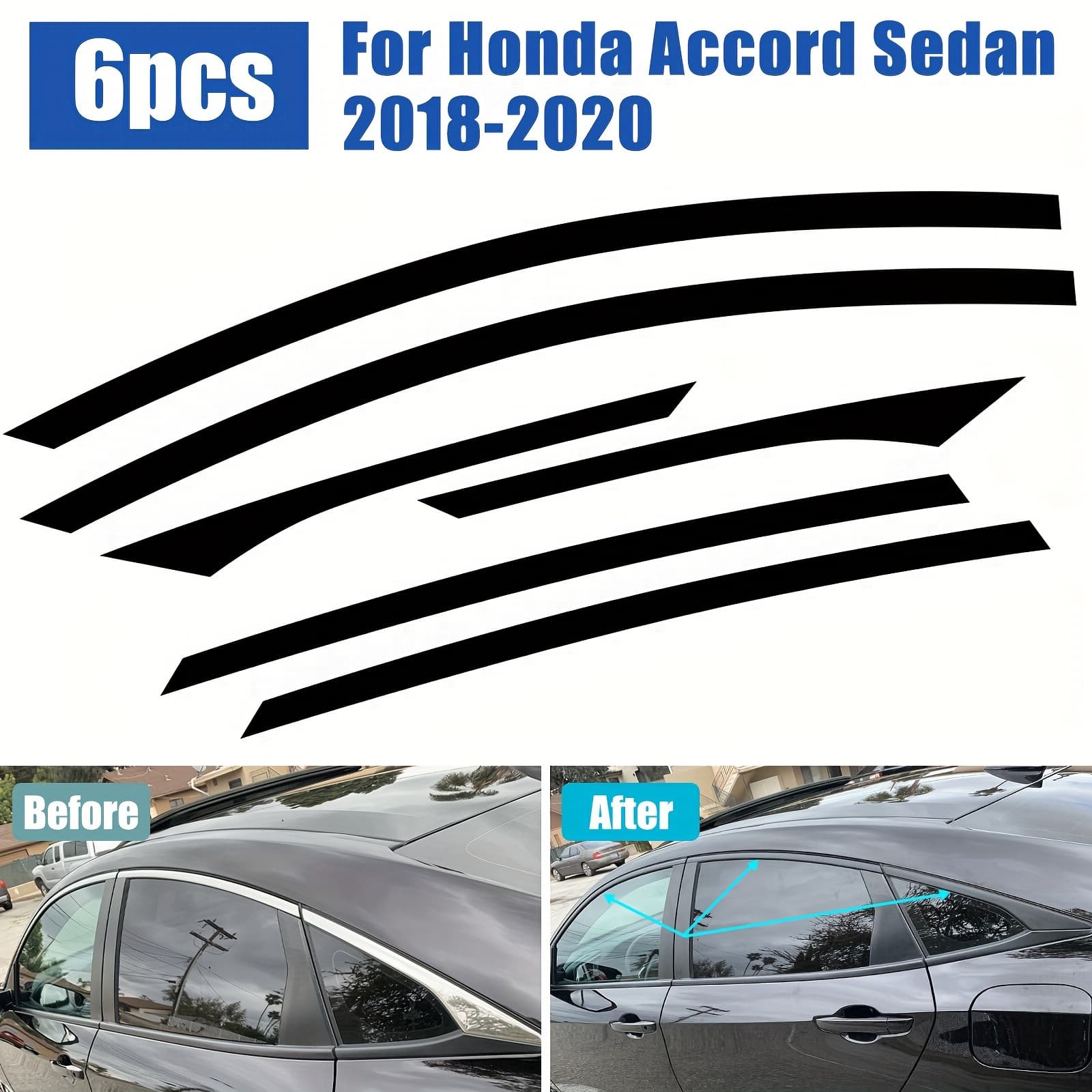 TEMU 6pcs Pvc Blackout Window Trim Stickers Compatible For Accord Sedan 2018-2022 - Adhesive-backed Car Door & Pillar Decals, Easy Trim Cover (6pcs)