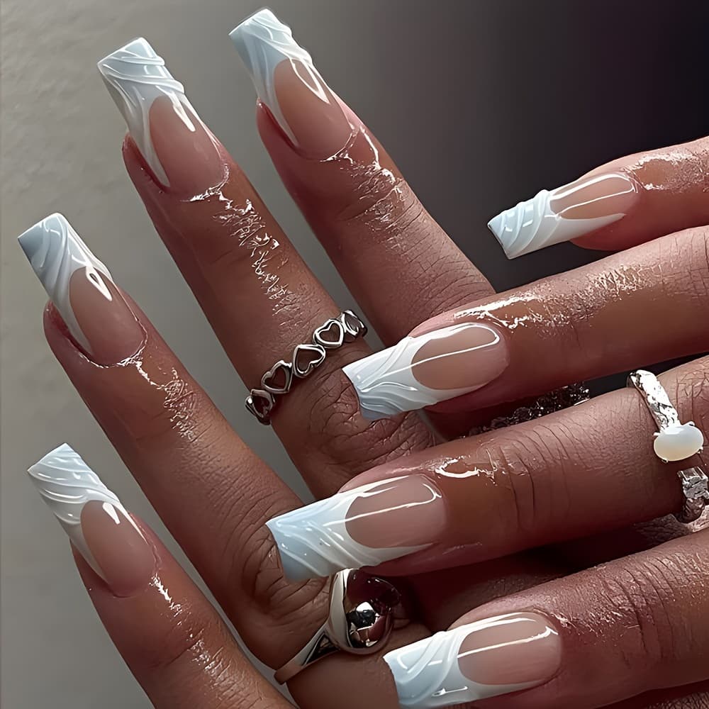 TEMU 24pcs Glossy Medium Press On Nails Pattern White Stereoscopic Fake Nails Manicure False Nails For Women And