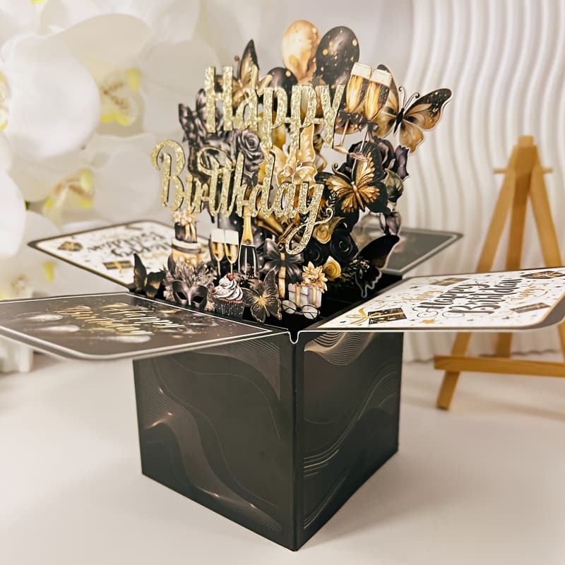 TEMU Black Golden 3d Pop-up Birthday Card Set With Balloon And Decoration - For Men And Women, Contains 1 Greeting Card And Envelope