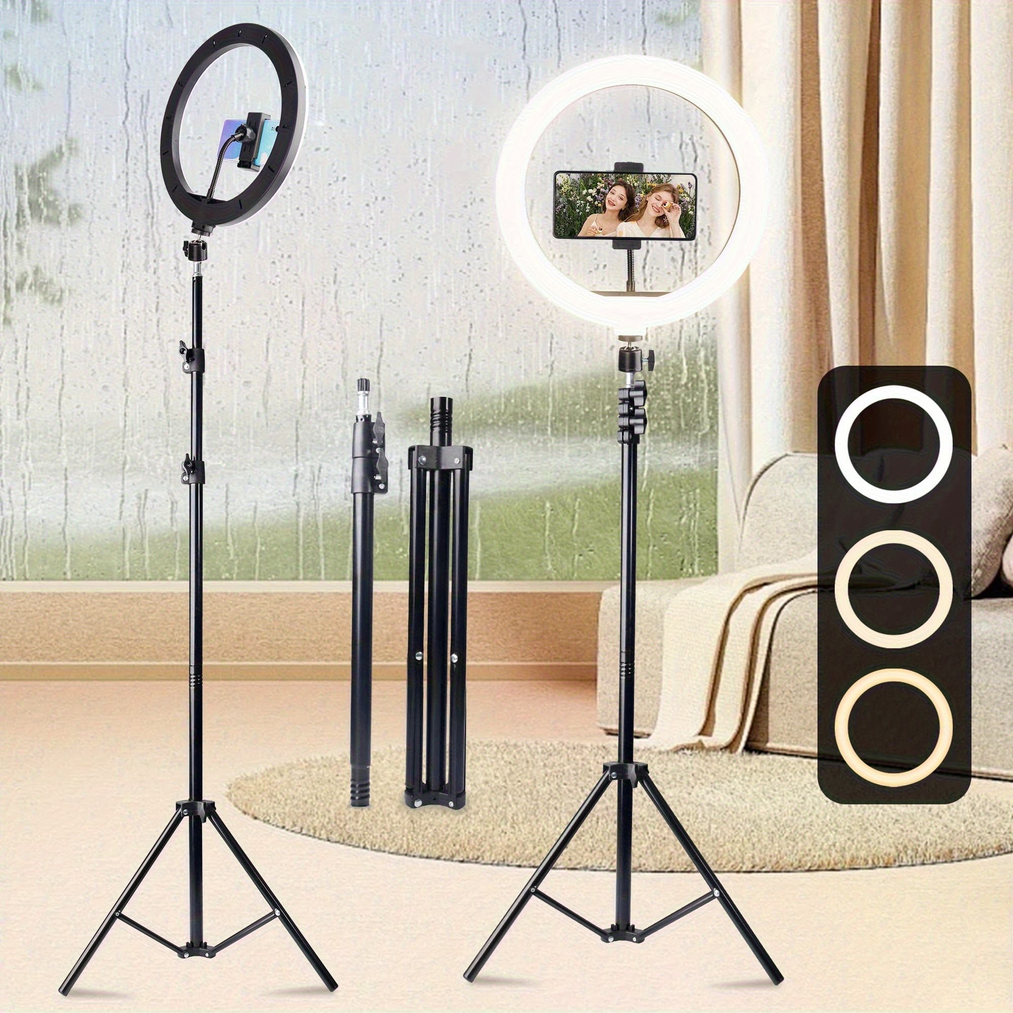 TEMU 12" Ring Light With Stand 62. 99 Inch/160cm Adjustable Height Tripod With Phone Holder, 3 Color Selfie Ring Light With Tripod Stand, Dimmable/speed , Detachable Tripod