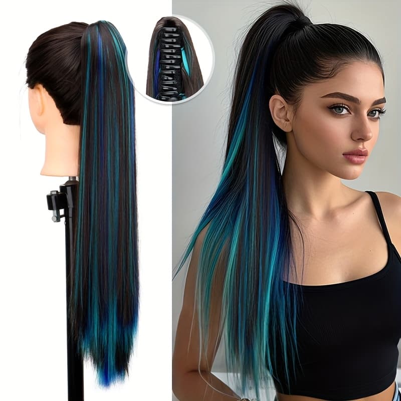 TEMU Vibrant Clip-on Synthetic Ponytail Hair Extensions - Straight Multicolor Highlights In Blue/green/purple/red, Pre- For Everyday & Party Wear, Hair Accessory For Women, Hair Accessories