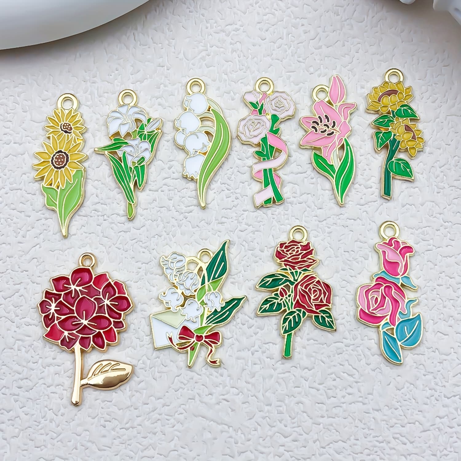 TEMU Set Of 10 Enamel Flower Charms Including Sunflowers, Roses, And Carnations For Crafting Bracelets, Necklaces, And Earrings