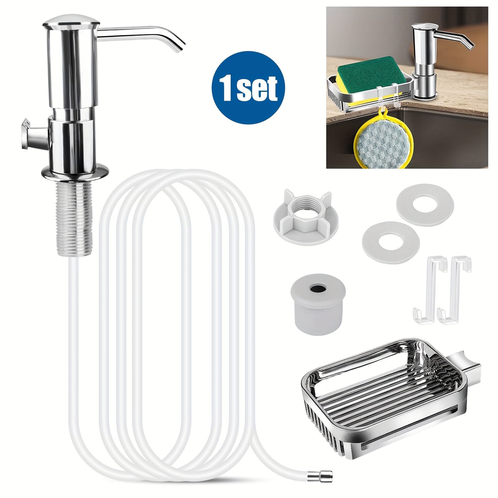 TEMU 360-degree Rotating Soap Dispenser Set, Soap Pump With Sponge Holder & 39" Extension Tube, Easy Diy Installation For Kitchen Sink, Bathroom Counter & Laundry Room
