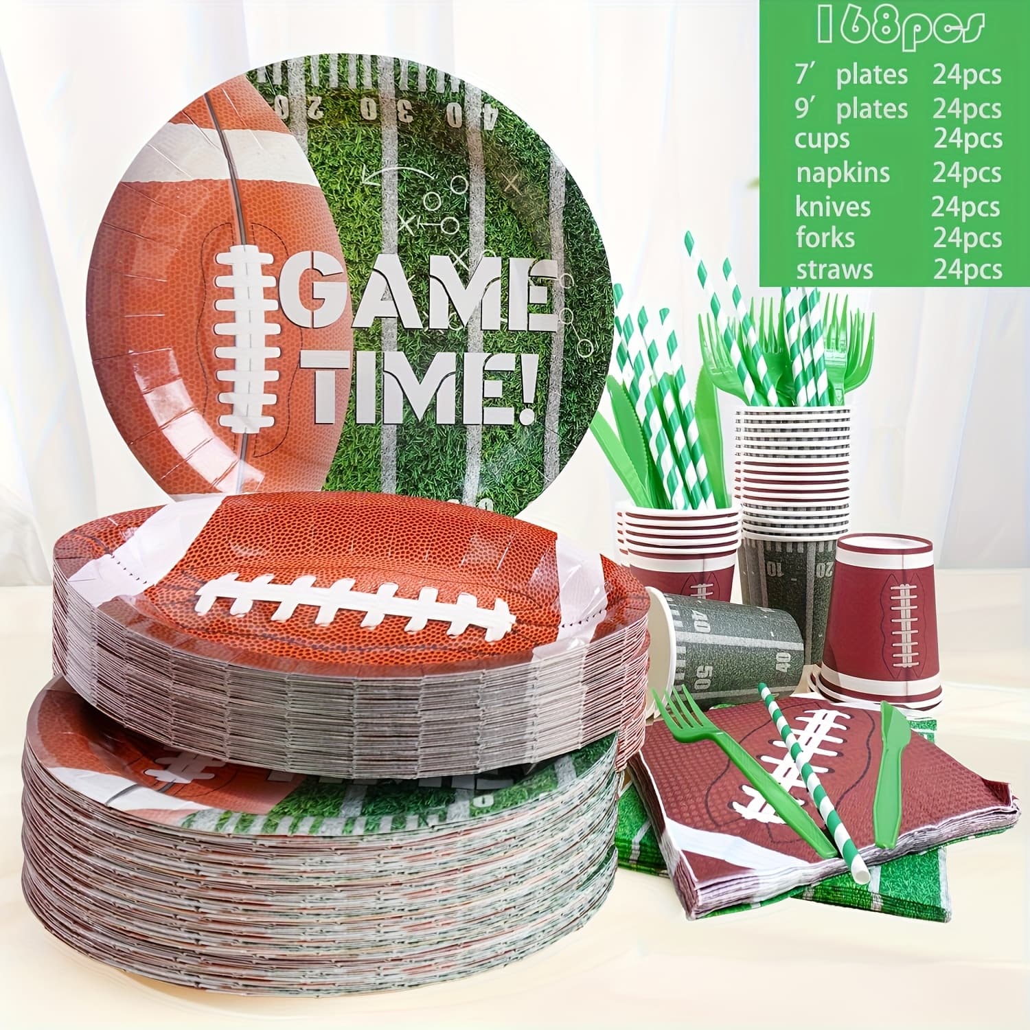 TEMU 168pcs Themed Party Utensils Set - 24 Guest Capacity, Disposable Football Cutlery With ! Design, Coated Pet Film, Ideal For Birthday, Sports Events