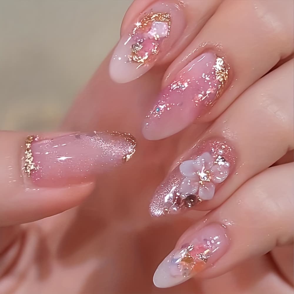 TEMU Style, 24pcs Of Chinese Almond Fake Nails, Versatile Temperament Gentle Three-dimensional Colored Glaze Armor Design, Bright Detachable Fake Nails