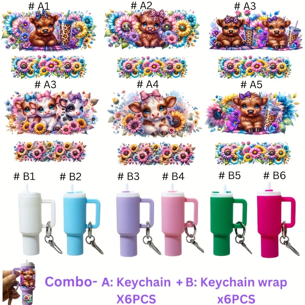 TEMU Gift For Her/him 12-in-1 Creative Diy Kit Keyring Packs- 6 Mini Tumbler Keychains + 6 Uv Dtf Cow Print Stickers. Perfect Diy For Father's/, Holidays & Everyday Gifting
