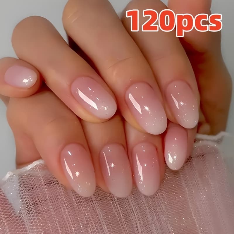 TEMU 120pcs Medium Nude Pink, Gradient Oval Press-on Nails, Glossy -on Nails, With Jelly Glue And Nail File, Very Suitable For And Women' Wear