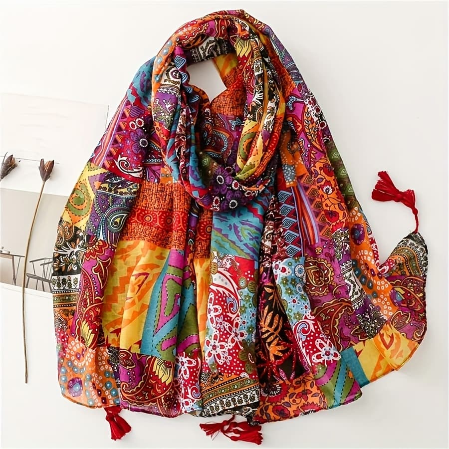 TEMU Spring And Summer New Women's Red Bohemian Style Casual Tassel Shawl Fashion Scarf Travel Beach Towel Wrap