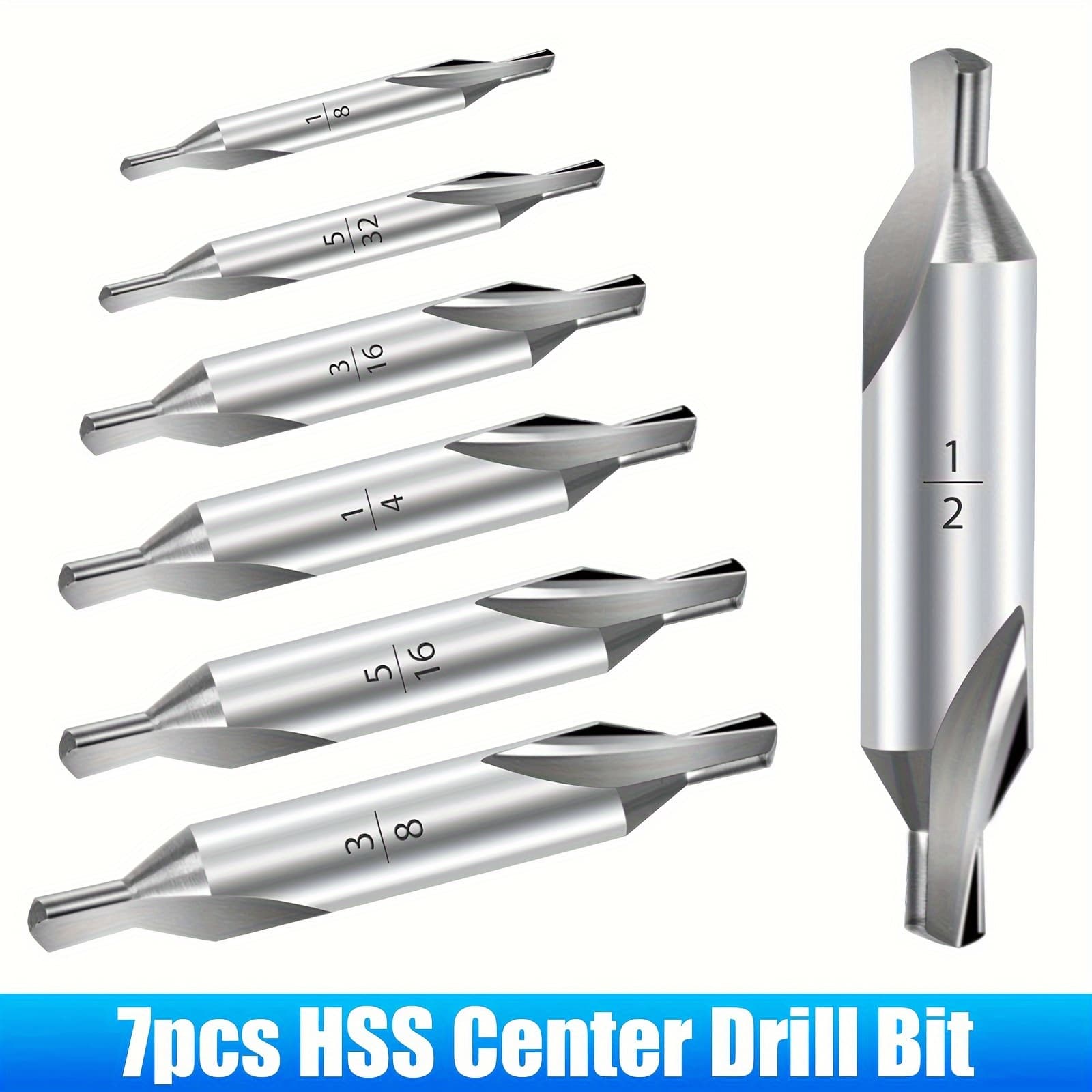 TEMU 7pcs Hss Center Drill Bit, High 60 Degree Drill Bits Set, Sizes 1/2", 5/32", 1/4", 1/8", 3/8", 3/16", 5/16"