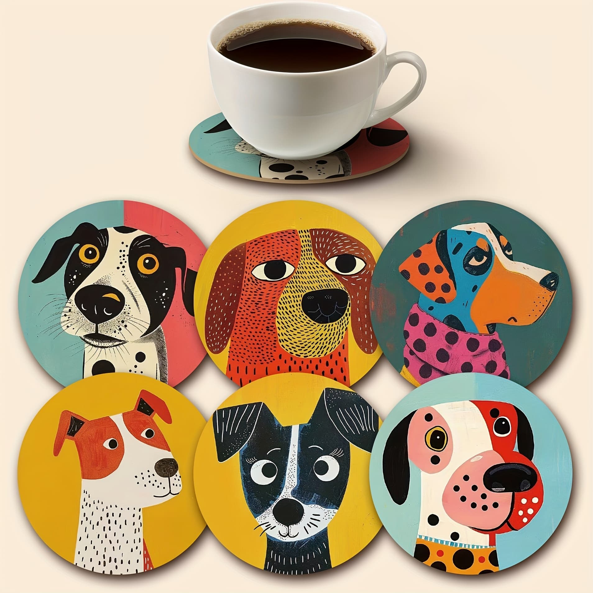 TEMU 6pcs Dot Dog Wooden Coasters, 3.93 Inches, Heat Resistant, Multi- For Beverages, Tea, Coffee, Home And Restaurant Decorations, Ideal Gift, Hand Wash Only.