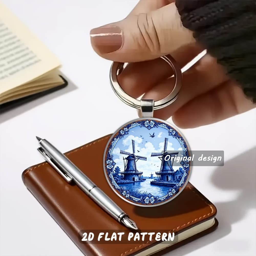 TEMU 2d Flat, 1pc Durable Metal Keychain, Tile - Intricate Village Scene With Birds & Trees - , Home Decor Enthusiasts, Mother's Day & Father's Day Gifts