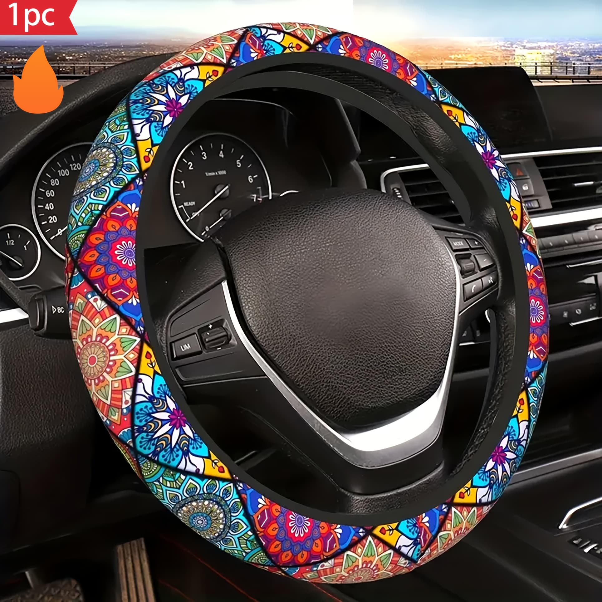 TEMU 1pc Of Colorful Ethnic Tiles, Moroccan Style, Geometric Printed Steering Wheel Cover - 15-inch Universal Soft Non-slip Cute Steering Wheel Cover, Durable Car Accessory Decoration