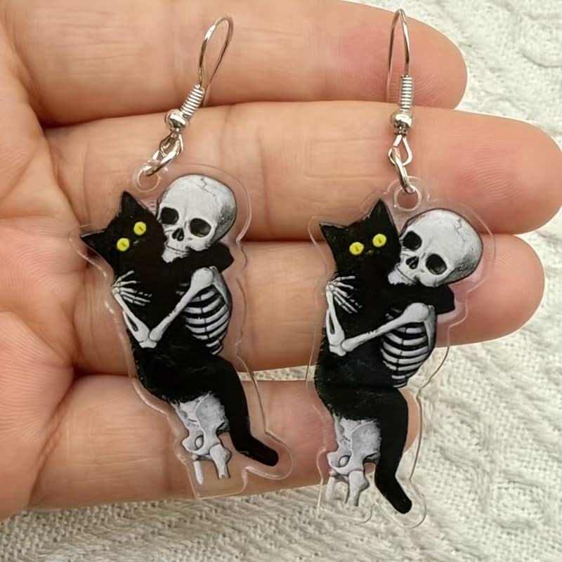 TEMU Gothic Cat & Skeleton Acrylic Earrings - Lightweight & Durable - Perfect For Halloween & Gothic-themed Gifts, Festive Accessories|gothic Earrings|lightweight Earrings