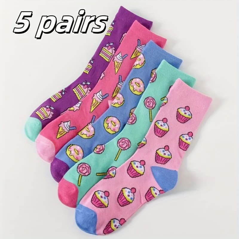 TEMU 10pcs Set, 5-pair Random Cartoon Socks For Women, Summer Thin Mid-calf Socks, Trendy Korean Style Cute Spring/autumn Tights