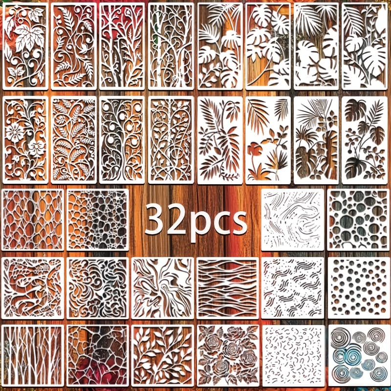 TEMU A Set Of 32pcs Stencils For Painting Geometric, Leaf, Plant Patterns, Reusable Abstract Layering Stencils For Crafts Reusable, Furniture, Floors, Card Making, Decorating, Rock Painting