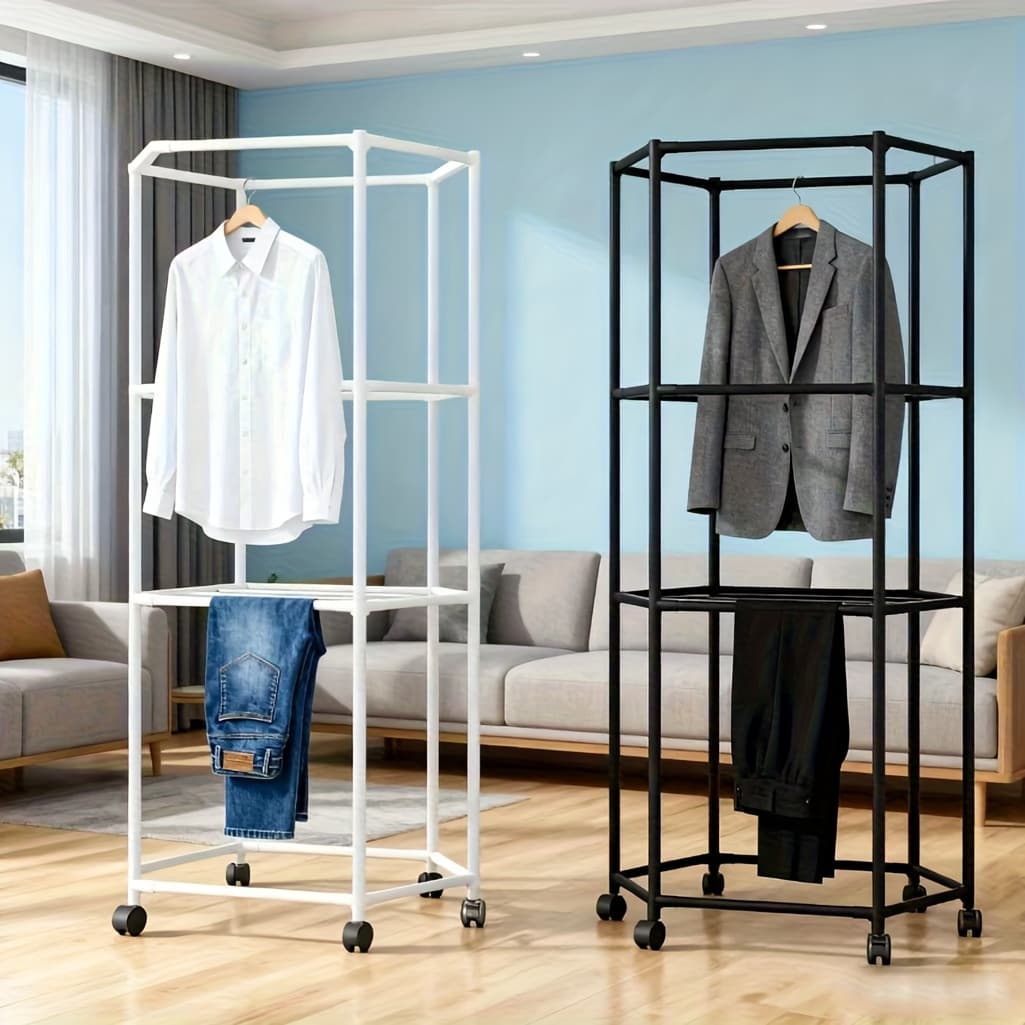 TEMU Clothes Rack Hexagonal Rotating Clothes Rack Metal Clothes Drying Rack Movable Balcony Bedroom Clothing Storage Rack With Pulley, Drying Racks