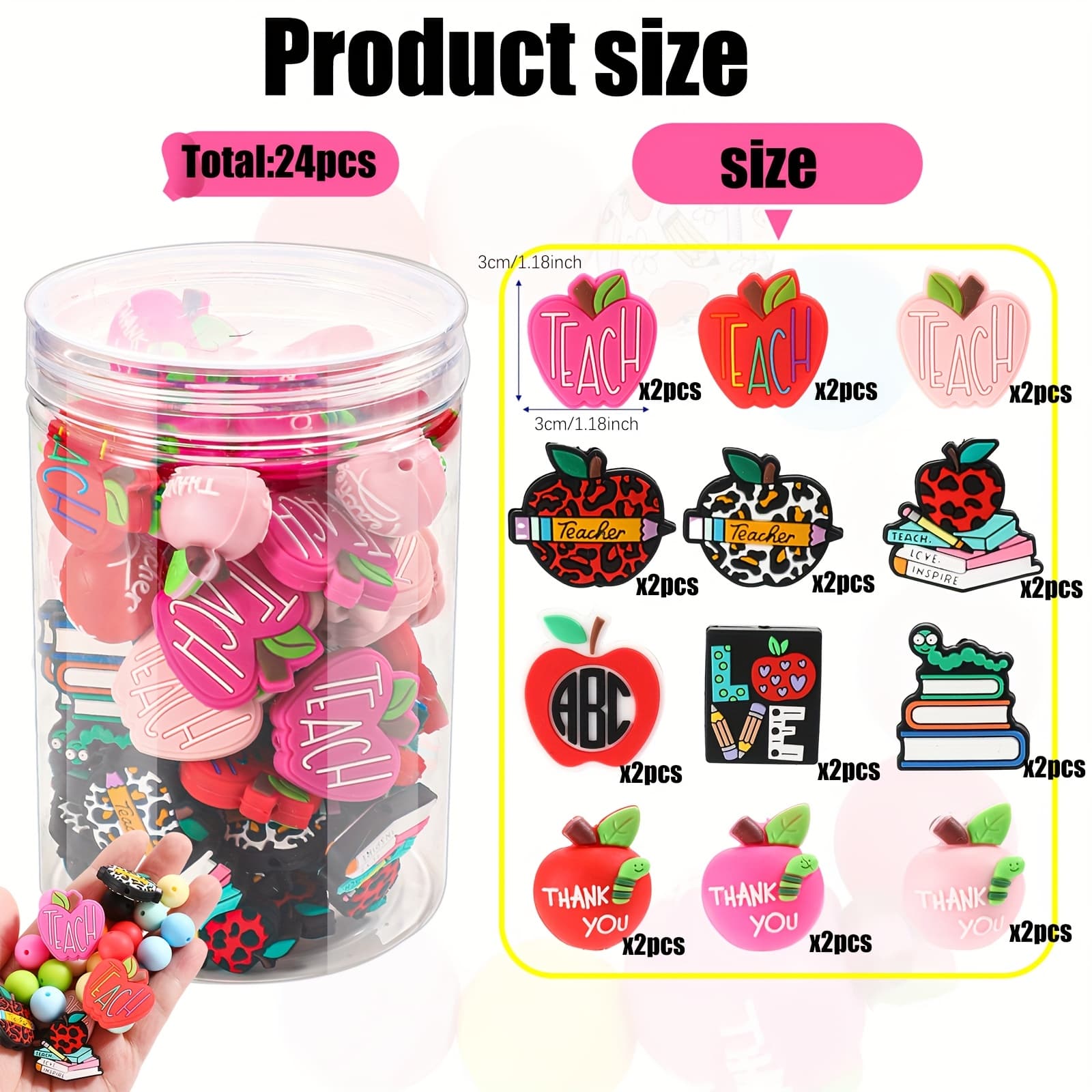 TEMU 24pcs 3d Silicone Beads Learning Education Theme Silicon Bead Focus Large Bead Jewelry Making Diy Creative Key Bag Chain Character Pen Decorative Bracelet Necklace Craft Supplies