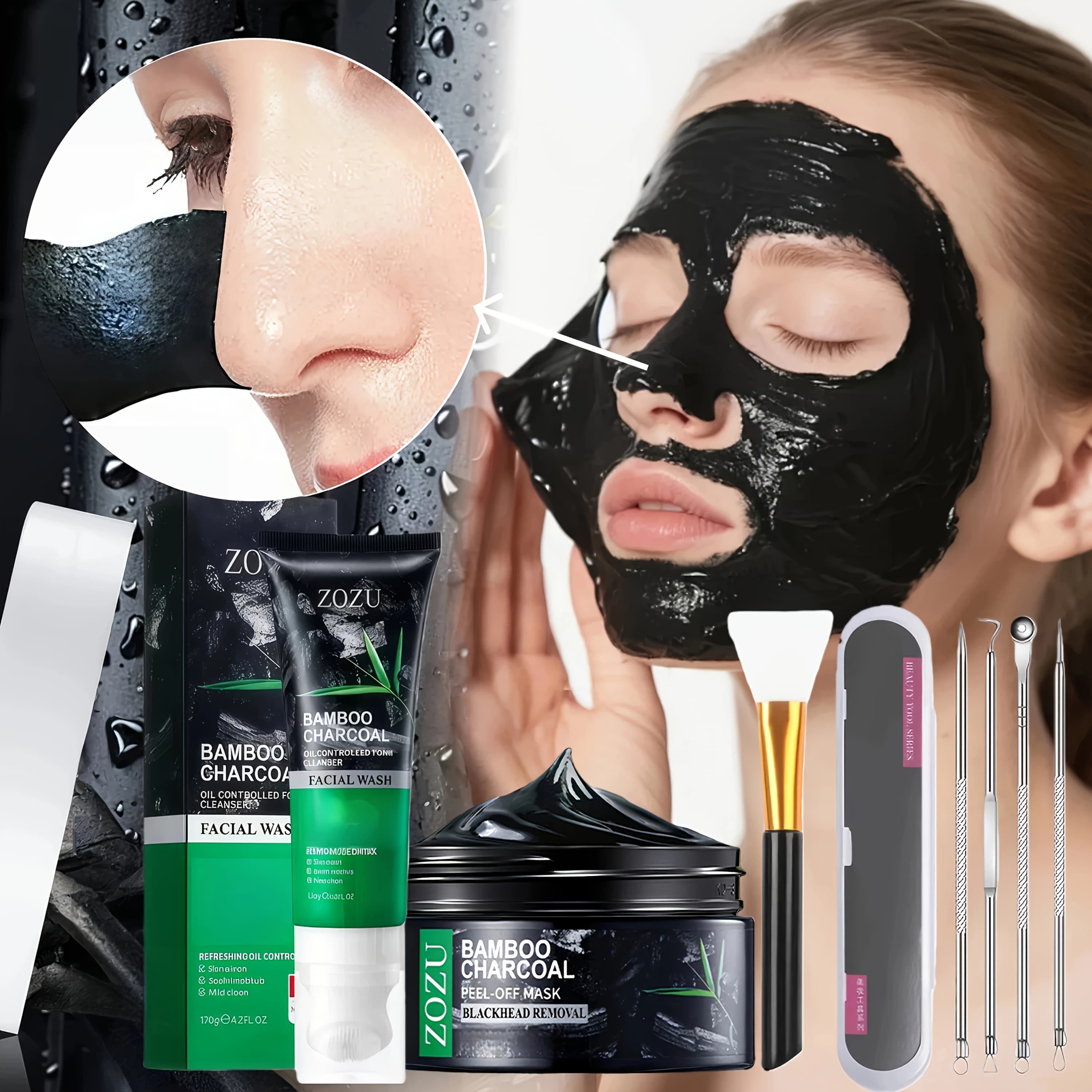 TEMU 4pcs Bamboo Charcoal Kit Suitable For Skin Types, Pore Cleanser With Mask, Oil-control Facial Cleanser, Extraction Tool & Brush For Skin, &, Bamboo Charcoal Cleansing For Daily Use