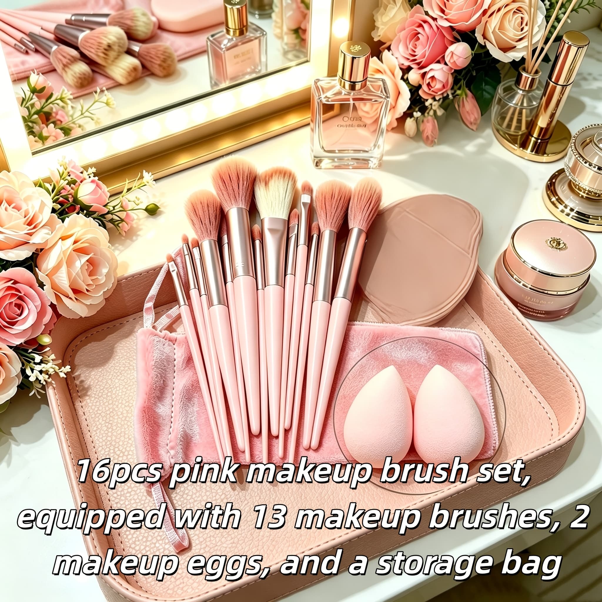 TEMU 16pcs Pink Makeup Brush Set, With 13 Makeup Brushes, 2 Makeup Eggs, And A Storage Bag. Soft Professional Makeup Brush Set Suitable For Full Face Makeup, Soft And Fluffy Makeup Brush Set