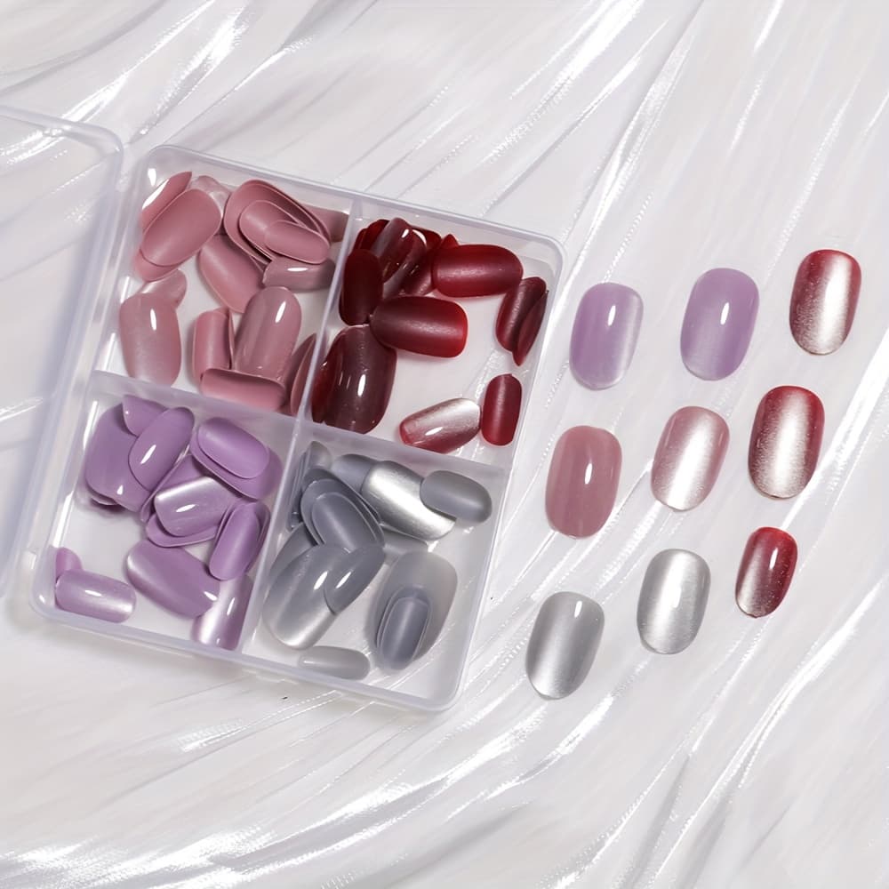 TEMU 96pcs/box ( Mixed) Y2k Short Oval Cat-eye Nail Stickers, Perfectly Fitting False Nails. Includes 1 Tube Of Gel And 1 Nail File, Suitable For Daily Women And