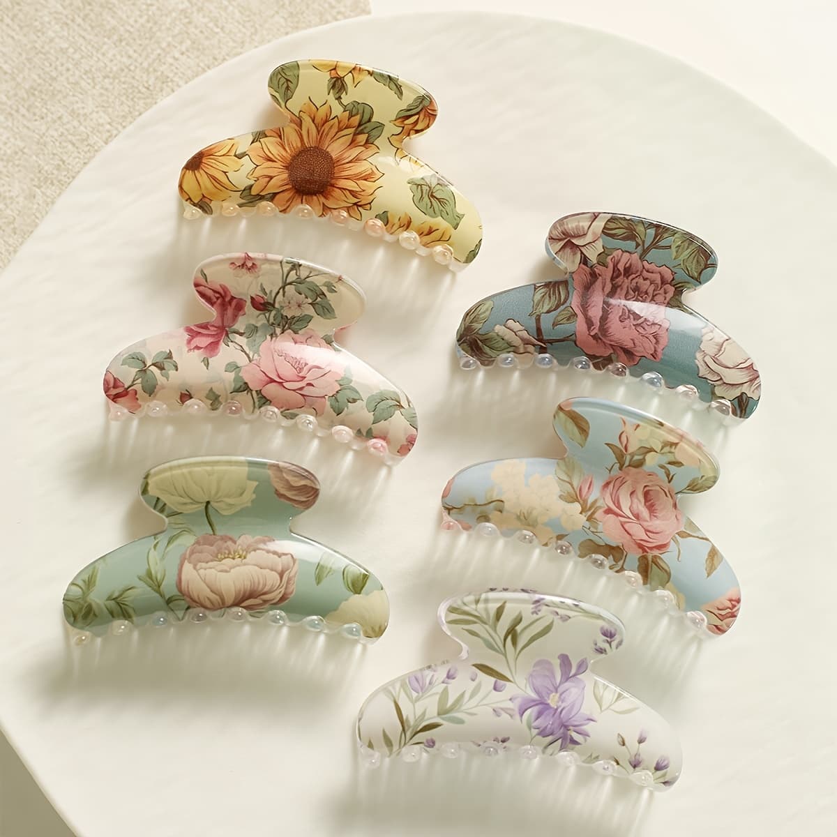 TEMU 6pcs New Floral Print Niche Elegant High-end Temperament Hair Claw Exquisite Temperament Line Shark Clip