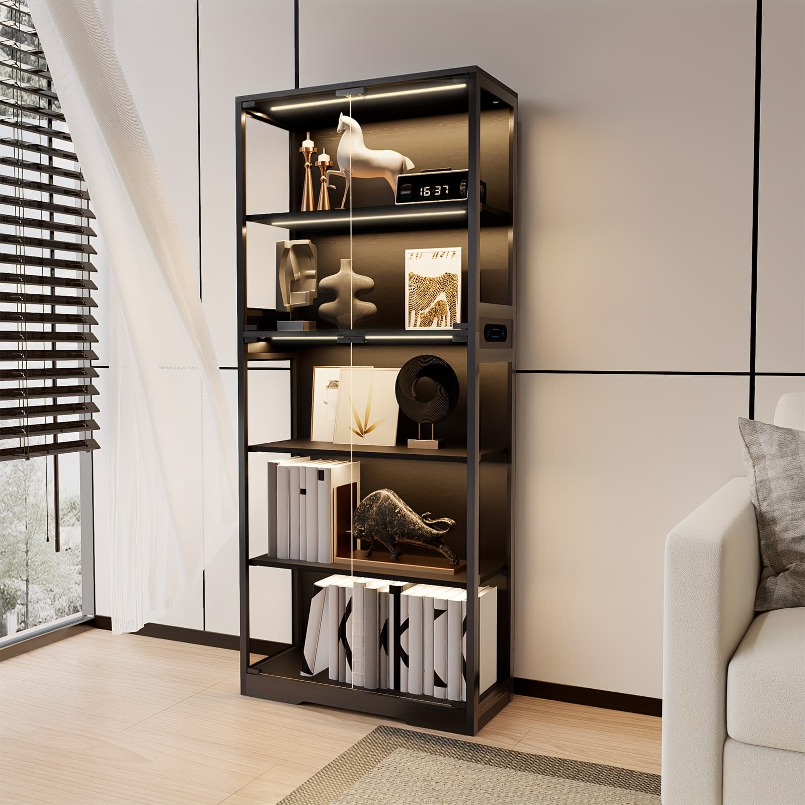 TEMU 5-tier Display Cabinet With Glass Doors, Dimming Led Lights And Motion Sensor, For Collectible Figures, Living Room, Bedroom, Or Office, Metal Frame